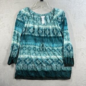 LizWear Tops Womens Large Cinched Neckline Long Sleeve Printed Blouse Teal